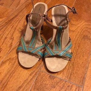 Turquoise & tan leather sandal by Bandolino